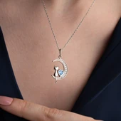 Vaoov 925 Ayar Gümüş Mavi Kalpli Ay ve Kedi Kolye thumbnail 5