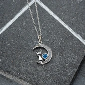 Vaoov 925 Ayar Gümüş Mavi Kalpli Ay ve Kedi Kolye thumbnail 6
