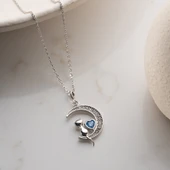 Vaoov 925 Ayar Gümüş Mavi Kalpli Ay ve Kedi Kolye thumbnail 4