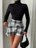 BİÇOMİ İki düğmeli şort ch kumaş etek ekoseli siyahbeyaz h26414 thumbnail 2