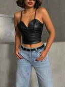 İp askılı yandan fermuarlı rastale deri crop siyah thumbnail 1