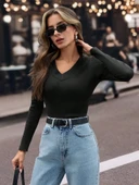 V yaka kaşkorse bluz siyah thumbnail 1