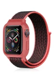 Apple Watch 42mm Hasırlı Cırtcırtlı Kasalı Kordon - Siyah-Pembe - 1