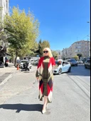 Uzun hırka içi elbise ikili triko takım ekose baklava desen haki kırmızı - 1