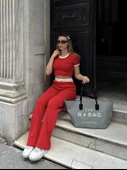 Crop pantolon biyeli takım kırmızı thumbnail 4