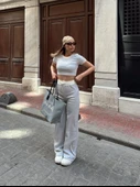 Crop pantolon biyeli takım gri thumbnail 1