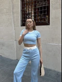 Crop pantolon biyeli takım mavi thumbnail 3