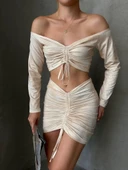 Büzgülü etek bluz takım bej thumbnail 1