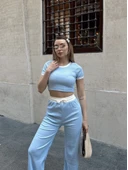 Crop pantolon biyeli takım mavi thumbnail 4