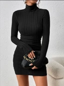 Fitilli boğazlı şardonlu elbise siyah thumbnail 3