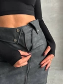 Beli pervazlı fermuarlı eskitme deri etek w24431 thumbnail 4