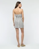 Kuşaklı çizgili mini keten elbise thumbnail 3