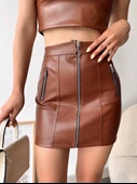 Üç fermuarlı deri etek kahve thumbnail 1