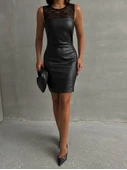 Üstü dantelli straplez deri elbise siyah w24421 thumbnail 6