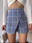 Kapaklı tüvit şort etek mavi thumbnail 1