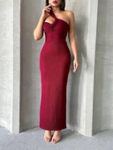 Krinkıl tek omuz uzun elbise bordo s25455 thumbnail 3