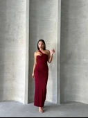 Krinkıl tek omuz uzun elbise bordo s25455 thumbnail 5
