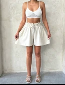 Volanlı keten şort bej s255058 thumbnail 1