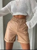 Beli lastikli duble paça deri şort bej w24755 thumbnail 4