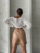 Beli lastikli duble paça deri şort bej w24755 thumbnail 5