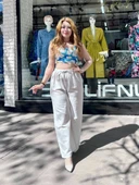 Bağcıklı keten pantolon krem thumbnail 3