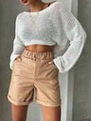 Beli lastikli duble paça deri şort bej w24755 thumbnail 3