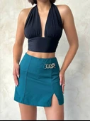Zincirli şort etek petrol yeşili s24676 thumbnail 1