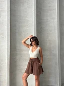 Volanlı keten şort kahve s255058 thumbnail 2
