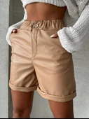 Beli lastikli duble paça deri şort bej w24755 thumbnail 1
