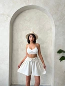 Volanlı keten şort bej s255058 thumbnail 5