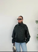 Kadın Dik Yakalı Bomber Deri Ceket Siyah - 4