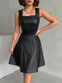 Kare yaka deri elbise siyah h24442 - 1