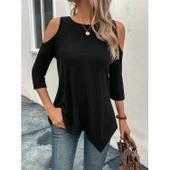 Lucky Life Kadın Omuzlardan Açık Sıfır Yaka Asimetrik Kesim Detay Viskon Bluz - 1