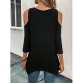 Lucky Life Kadın Omuzlardan Açık Sıfır Yaka Asimetrik Kesim Detay Viskon Bluz - 7