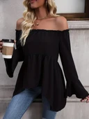 Lucky Life Kadın Uzun Kollu Madonna Yaka Asimetrik Detaylı Kolları Ispanyol Viskon Bluz thumbnail 2