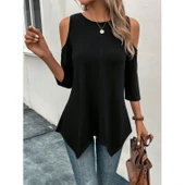 Lucky Life Kadın Omuzlardan Açık Sıfır Yaka Asimetrik Kesim Detay Viskon Bluz - 4