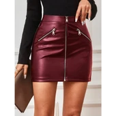 Lucky Life Kadın Yüksek Bel Fermuarlı Mini Deri Etek thumbnail 8
