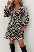 Lucky Life Kadın Uzun Kollu Kruvaze Yaka Desenli Mini Modal Elbise thumbnail 2