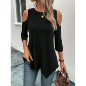 Lucky Life Kadın Omuzlardan Açık Sıfır Yaka Asimetrik Kesim Detay Viskon Bluz - 2