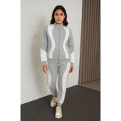 Premium Parçalı Eşofman Takım - Dik Yaka Fermuarlı Sweatshirt - Gri - 1