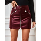 Lucky Life Kadın Yüksek Bel Fermuarlı Mini Deri Etek - 3