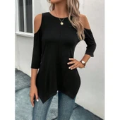 Lucky Life Kadın Omuzlardan Açık Sıfır Yaka Asimetrik Kesim Detay Viskon Bluz - 6