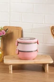 Porsima 66732-1 Stainless Steel Vakumlu Lunch Box İki Katlı Paslanmaz Çelik Kolay Kilitlenir Kendinden Kaşıklı Sefer Tası – 1000ml Pembe thumbnail 4