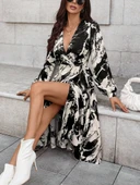 Lucky Life Kadın Uzun Kollu Kruvaze Yakalı Yandan Bağlamalı Desenli Mini Modal Elbise thumbnail 5