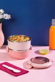 Porsima 66732-1 Stainless Steel Vakumlu Lunch Box İki Katlı Paslanmaz Çelik Kolay Kilitlenir Kendinden Kaşıklı Sefer Tası – 1000ml Pembe thumbnail 3