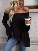 Lucky Life Kadın Uzun Kollu Madonna Yaka Asimetrik Detaylı Kolları Ispanyol Viskon Bluz thumbnail 4