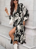 Lucky Life Kadın Uzun Kollu Kruvaze Yakalı Yandan Bağlamalı Desenli Mini Modal Elbise thumbnail 2