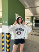 Kadın, Kapüşonlu, Dik Yaka Fermuarlı, Crop-Kısa, Bol-Oversize, Önü Yazı Baskılı, Haki, Sweatshirt - 4