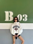 Kadın, Kapüşonlu, Dik Yaka Fermuarlı, Crop-Kısa, Bol-Oversize, Önü Yazı Baskılı, Haki, Sweatshirt - 1