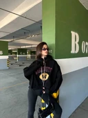 Kadın, Kapüşonlu, Dik Yaka Fermuarlı, Crop-Kısa, Bol-Oversize, Önü Yazı Baskılı, Haki, Sweatshirt - 9